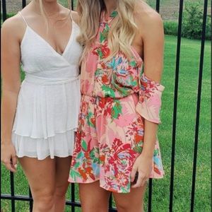 Pink Off the Shoulder Romper with Pockets